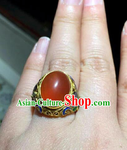 China Ancient Court Queen Agate Ring Traditional Qing Dynasty Cloisonne Jewelry Accessories