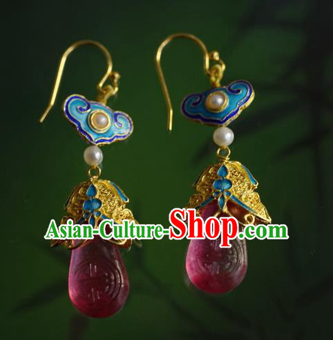 Handmade Chinese Ancient Palace Empress Ear Accessories Traditional Qing Dynasty Cloisonne Pearls Earrings Jewelry
