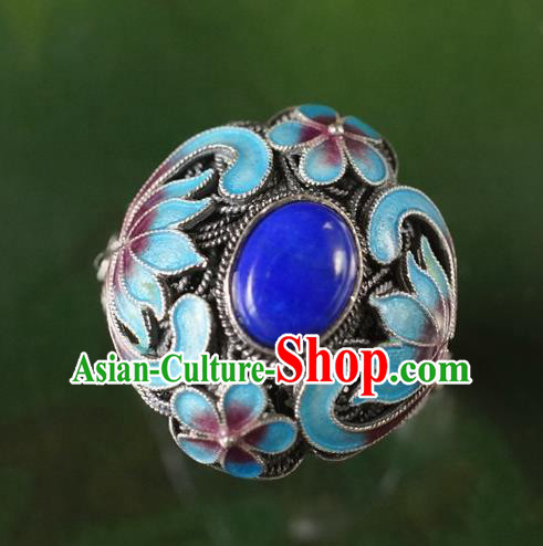 China Ancient Court Woman Lapis Jewelry Traditional Qing Dynasty Queen Cloisonne Ring Silver Accessories