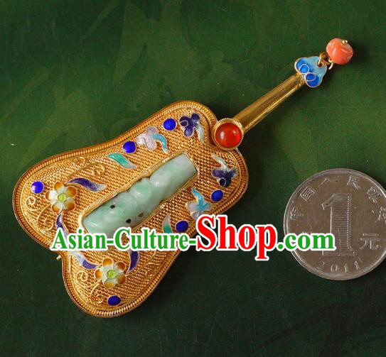 China Traditional Handmade Qing Dynasty Palace Golden Fan Brooch National Jade Breastpin Accessories
