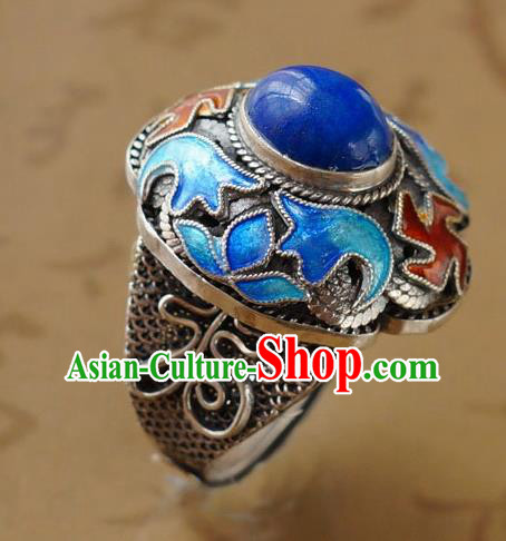 China Traditional Qing Dynasty Lapis Ring Accessories Ancient Court Woman Cloisonne Circlet Silver Jewelry