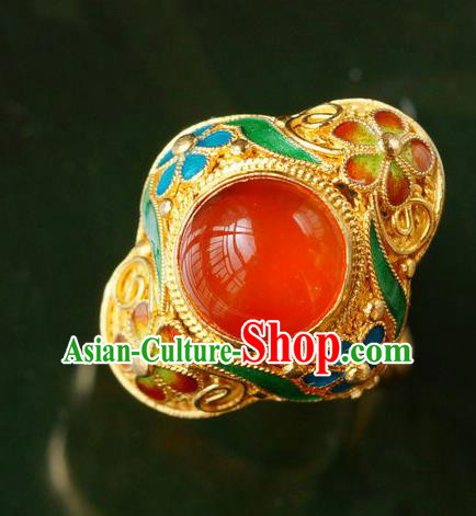 China Traditional Qing Dynasty Golden Ring Accessories Ancient Court Woman Carnelian Circlet Jewelry