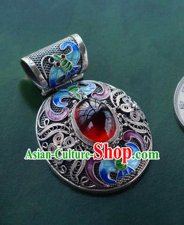 China Handmade Silver Necklace Pendant National Cloisonne Bat Jewelry Traditional Garnet Accessories