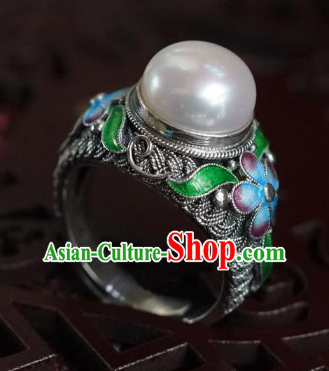 China Traditional Qing Dynasty Pearl Ring Accessories Ancient Court Woman Silver Circlet Jewelry
