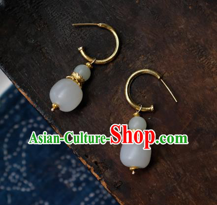 China Handmade Qing Dynasty Queen Ear Accessories National Court Earrings Traditional White Jade Jewelry