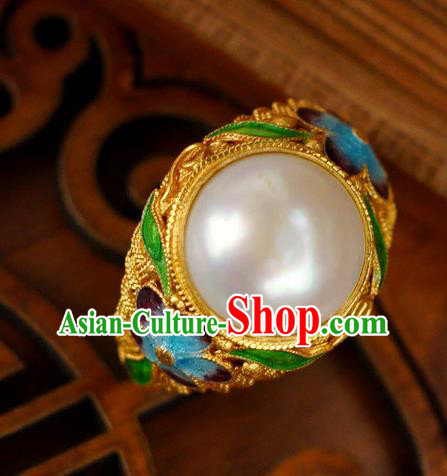 China Ancient Court Woman Golden Circlet Cloisonne Jewelry Traditional Qing Dynasty Pearl Ring Accessories