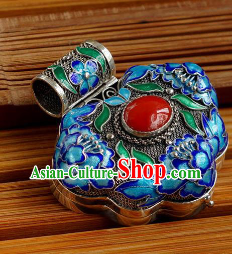 China Handmade Cloisonne Peony Necklace Pendant National Silver Sachet Jewelry Traditional Ruby Accessories