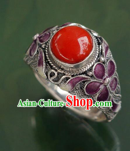 China Ancient Court Woman Cloisonne Purple Plum Circlet Silver Jewelry Traditional Qing Dynasty Ruby Ring Accessories
