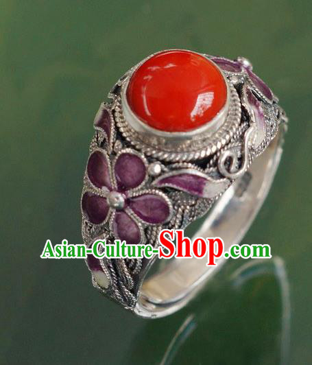 China Ancient Court Woman Cloisonne Purple Plum Circlet Silver Jewelry Traditional Qing Dynasty Ruby Ring Accessories