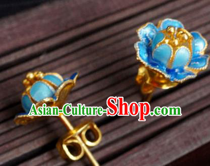 Handmade Chinese Traditional Cheongsam Ear Accessories Enamel Blue Peony Earrings Jewelry