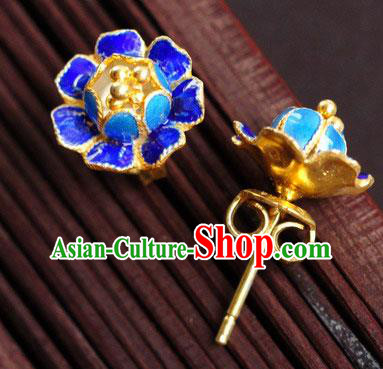 Handmade Chinese Traditional Enamel Royalblue Peony Earrings Jewelry Cheongsam Ear Accessories