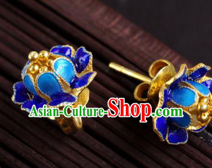 Handmade Chinese Traditional Enamel Royalblue Peony Earrings Jewelry Cheongsam Ear Accessories