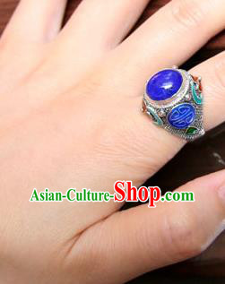 China Ancient Court Woman Lapis Ring Accessories Traditional Qing Dynasty Empress Silver Circlet Jewelry