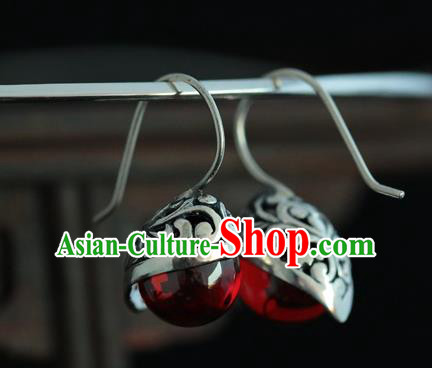 Handmade Chinese Cheongsam Garnet Ear Accessories Traditional Silver Earrings Jewelry