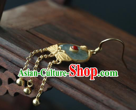 Handmade Chinese Traditional Golden Bells Tassel Earrings Jewelry Cheongsam Jade Ear Accessories