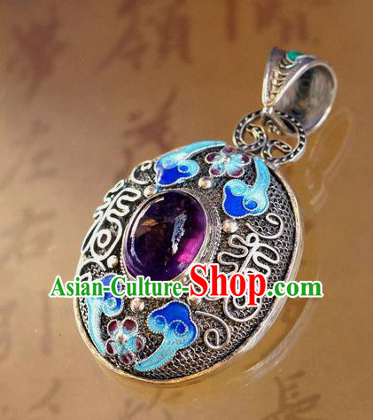 China Handmade Amethyst Silver Necklace Pendant Traditional National Jewelry Accessories