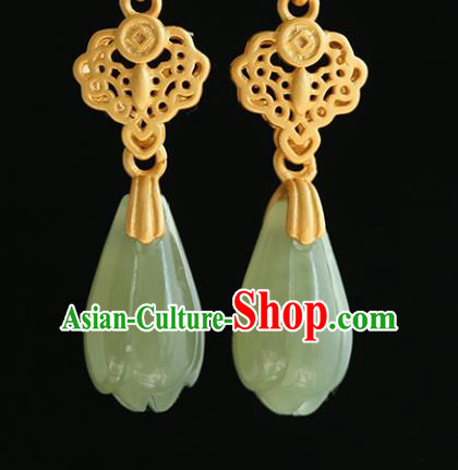 Handmade Chinese Traditional Cheongsam Golden Earrings Jewelry Jade Mangnolia Ear Accessories
