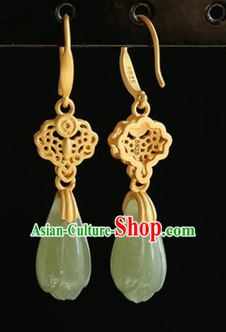 Handmade Chinese Traditional Cheongsam Golden Earrings Jewelry Jade Mangnolia Ear Accessories