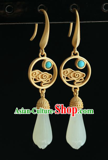 Handmade Chinese Traditional Jewelry Jade Mangnolia Ear Accessories Cheongsam Golden Cloud Earrings