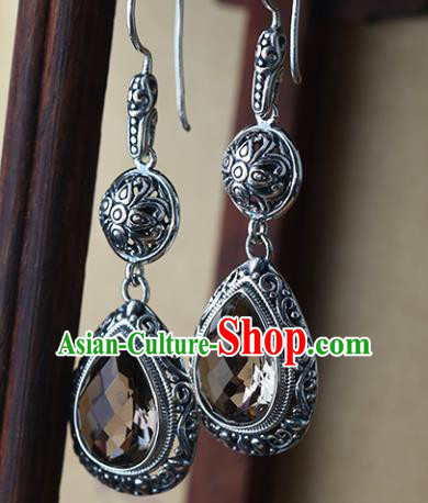 Handmade Chinese Silver Ear Accessories Cheongsam Earrings Traditional Citrine Jewelry