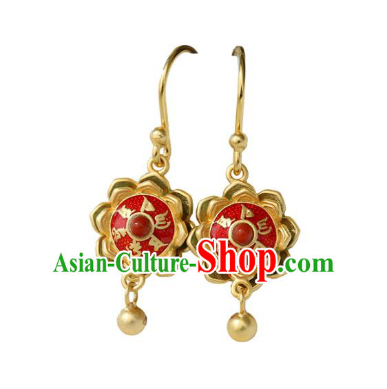 Handmade Chinese Enamel Red Ear Accessories Cheongsam Silver Earrings Traditional Buddhism Mantra Jewelry