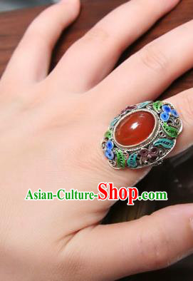 China Traditional Silver Circlet Jewelry Qing Dynasty Agate Ring Ancient Court Woman Accessories