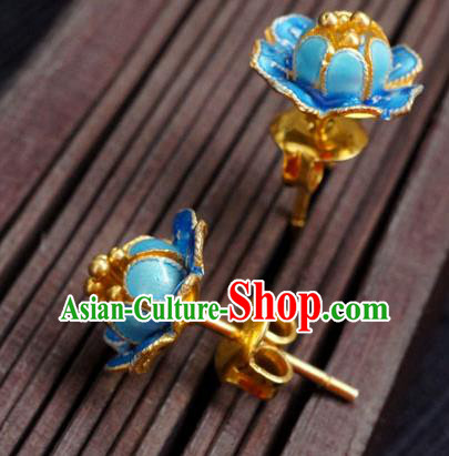 Handmade Chinese Traditional Cheongsam Ear Accessories Enamel Blue Peony Earrings Jewelry