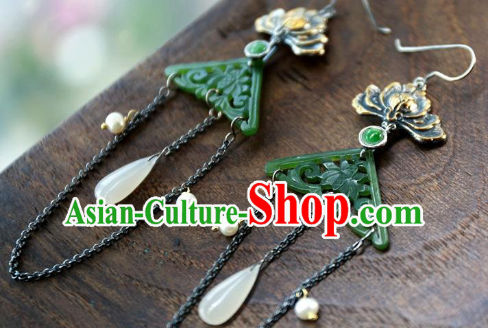 China Traditional Ancient Qing Dynasty Green Jade Earrings National Jewelry Handmade Carving Lotus Ear Accessories