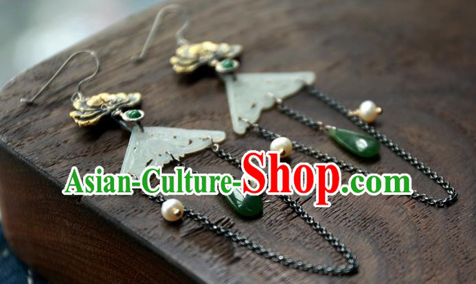 China National Jewelry Traditional Ancient Qing Dynasty White Jade Earrings Handmade Carving Lotus Ear Accessories