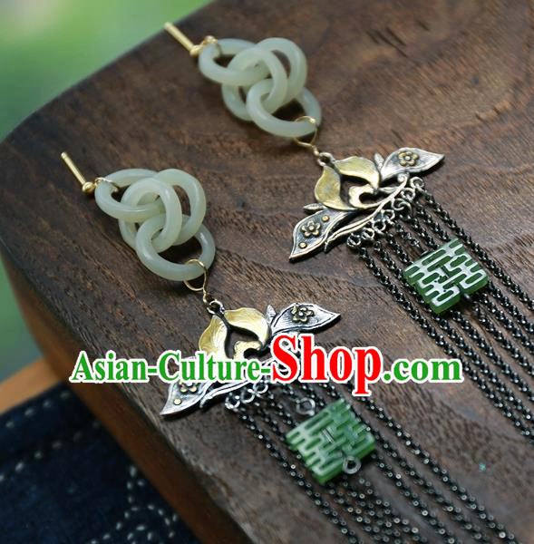 China Carving Lotus National Jewelry Traditional Ancient Qing Dynasty Earrings Handmade Jade Rings Ear Accessories