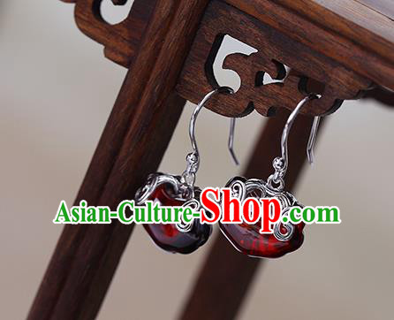 Handmade Chinese Silver Ear Cheongsam Garnet Earrings Traditional Jewelry Accessories