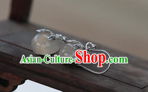 Handmade Chinese Cheongsam White Chalcedony Earrings Traditional Accessories Silver Ear Jewelry