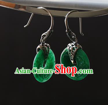 Handmade Chinese Cheongsam Green Jade Carving Earrings Traditional Silver Ear Jewelry Accessories