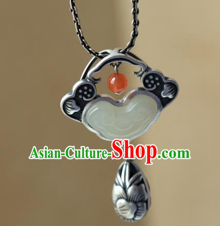 China Handmade Silver Carving Necklace Pendant Classical Accessories Traditional National Jade Cloud Necklet Jewelry