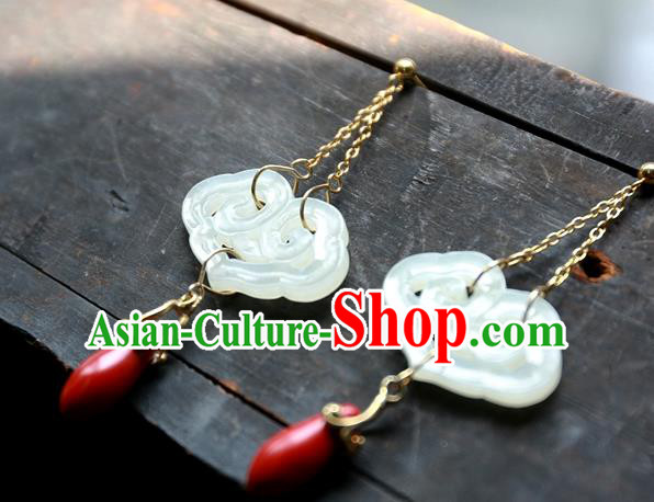 China Traditional Ancient Qing Dynasty Earrings Handmade Ear Accessories White Jade Cloud National Jewelry