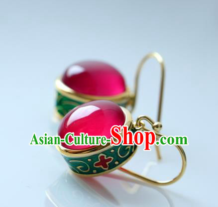 Handmade Chinese Enamel Earrings Traditional Ear Jewelry Red Corundum Accessories
