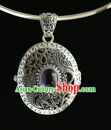 China Handmade Amethyst Necklace Pendant Classical Accessories Traditional National Silver Carving Necklet Jewelry