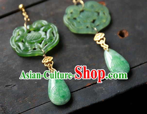 China Traditional Ancient Qing Dynasty Green Jade Earrings Handmade Ear Accessories National Jewelry