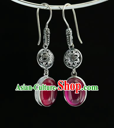 Handmade Chinese Traditional Silver Carving Ear Jewelry Eardrop Accessories Red Corundum Earrings