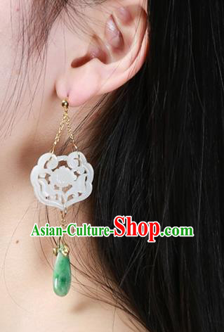 China Traditional Handmade White Jade Lock Ear Accessories National Wedding Jewelry Ancient Qing Dynasty Earrings