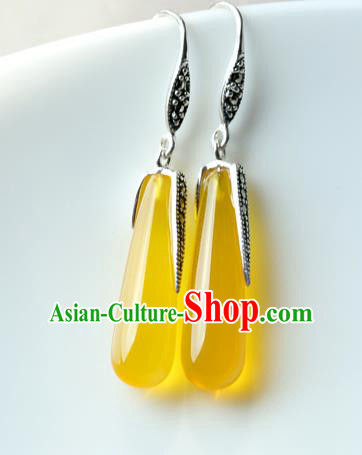 Handmade Chinese Traditional Canary Stone Ear Jewelry Classical Cheongsam Silver Bamboo Leaf Earrings Eardrop Accessories