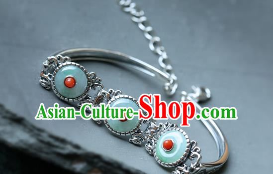 China Handmade Silver Bangle Jewelry Corallite Accessories Traditional National Jade Bracelet