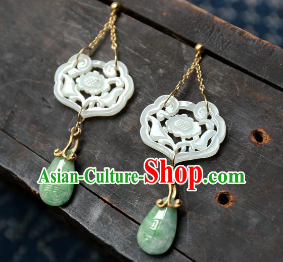 China Traditional Handmade White Jade Lock Ear Accessories National Wedding Jewelry Ancient Qing Dynasty Earrings