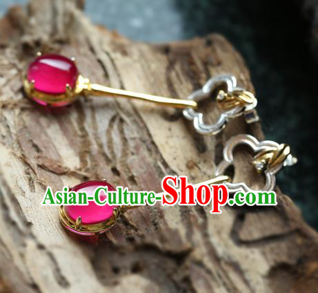 Handmade Chinese Traditional Ear Jewelry Classical Cheongsam Earrings Red Corundum Eardrop Accessories
