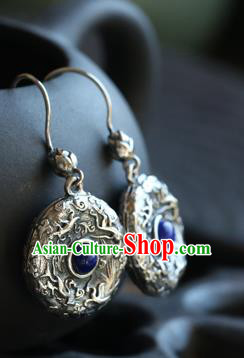Handmade Chinese Traditional Silver Carving Ear Jewelry Classical Cheongsam Earrings Lapis Eardrop Accessories
