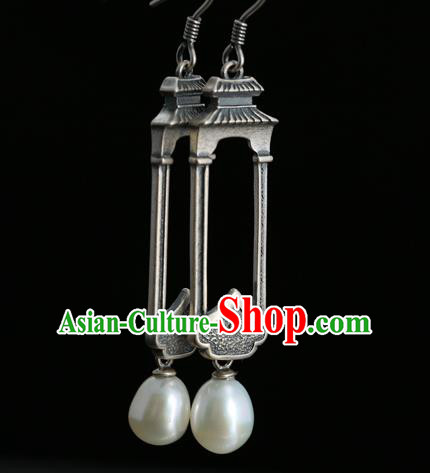 Handmade Chinese Traditional Pearl Ear Jewelry Eardrop Accessories Silver Carving Palace Earrings