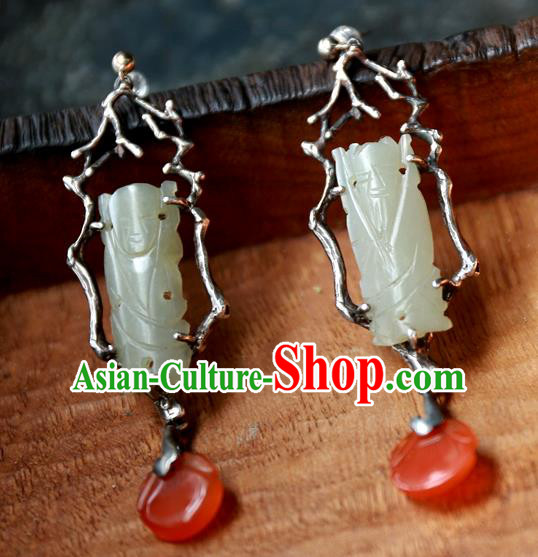 China Traditional Handmade Ear Accessories Ancient Qing Dynasty Earrings National Wedding Jade Carving Jewelry