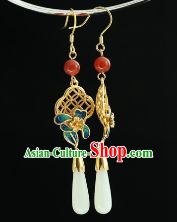 Handmade Chinese Traditional Hetian Jade Ear Jewelry Eardrop Accessories Palace Blueing Flower Earrings