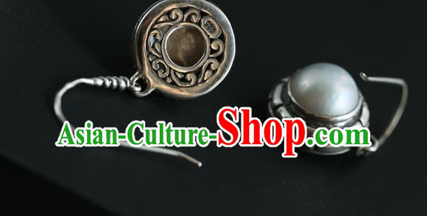 Handmade Chinese Traditional Pearl Ear Jewelry Eardrop Accessories Palace Silver Carving Earrings