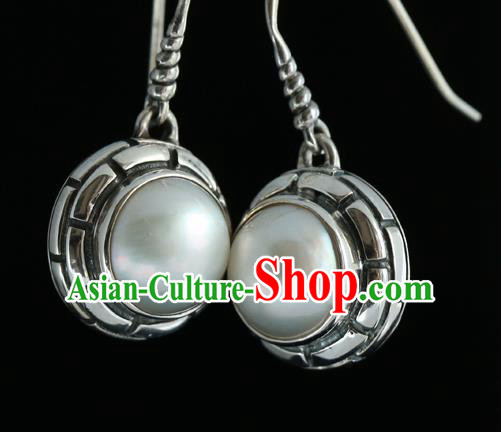 Handmade Chinese Traditional Pearl Ear Jewelry Eardrop Accessories Palace Silver Carving Earrings